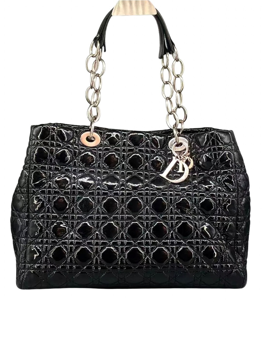 Dior 2012 Black Cannage Quilted Patent Leather Soft Medium Shopping Tote Bag